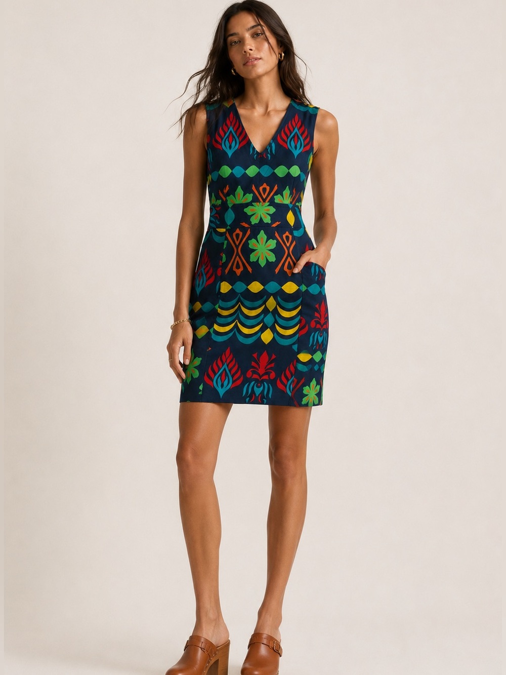 NWOT Tracy Reese Multicolor Geometric Floral Navy Large Pocket Mini Dress